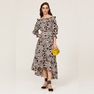 Adam‎ Lippes x RTR Smocked Off the Shoulder Dress Animal Print Brown size 4